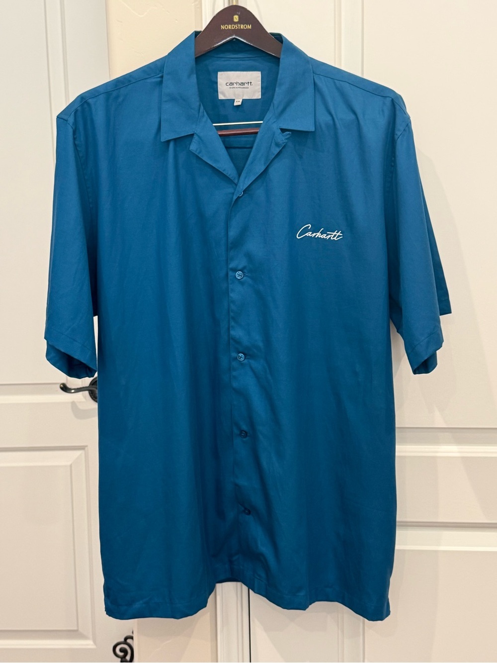 Carhartt WIP Men’s Delray Sgirt Alcapulco Blue Short Sleeve Camp Collar Size XXL
